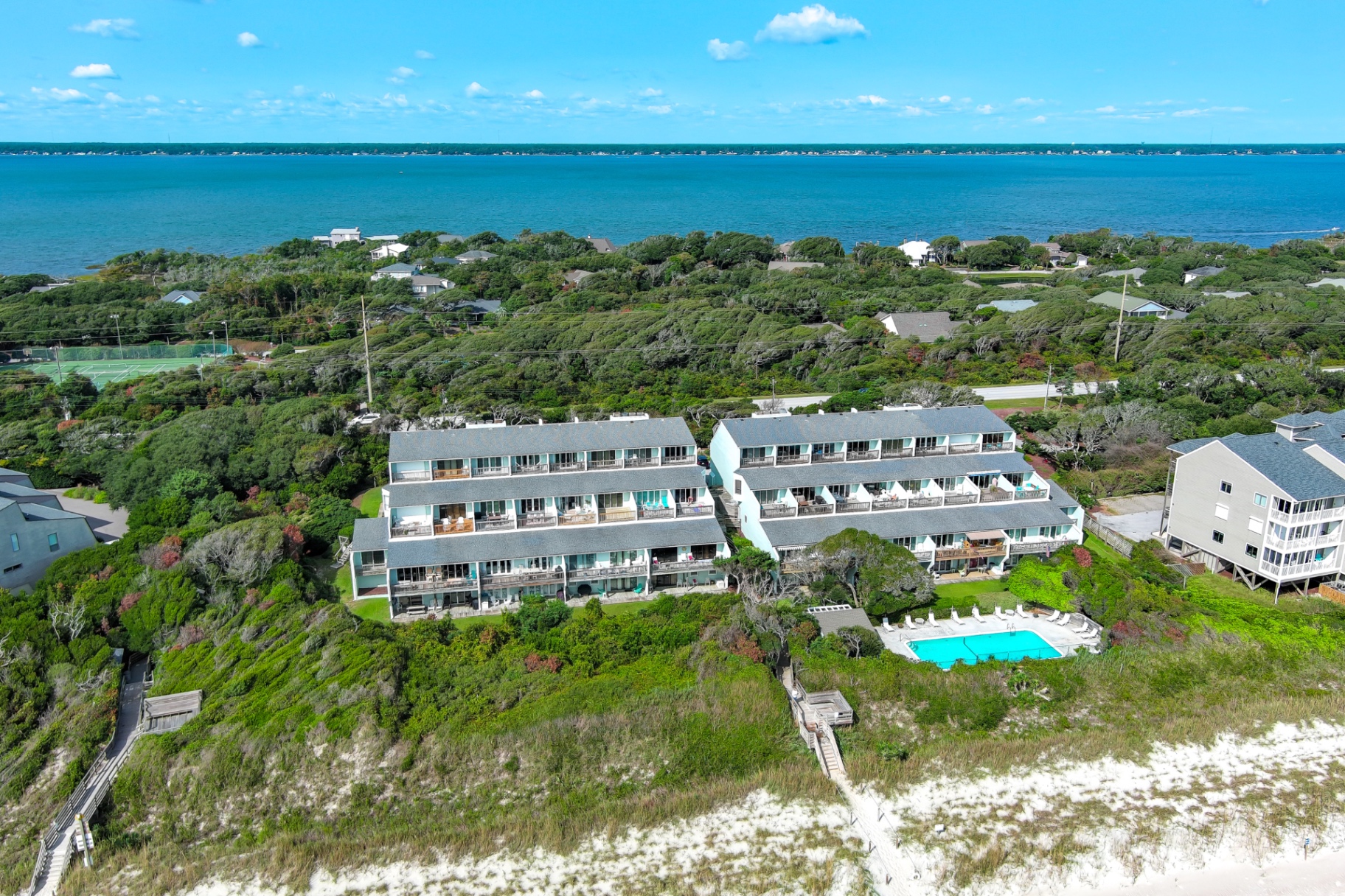 Aerial view of the complex with Bogue Sound in the distance at Coral Shores 12