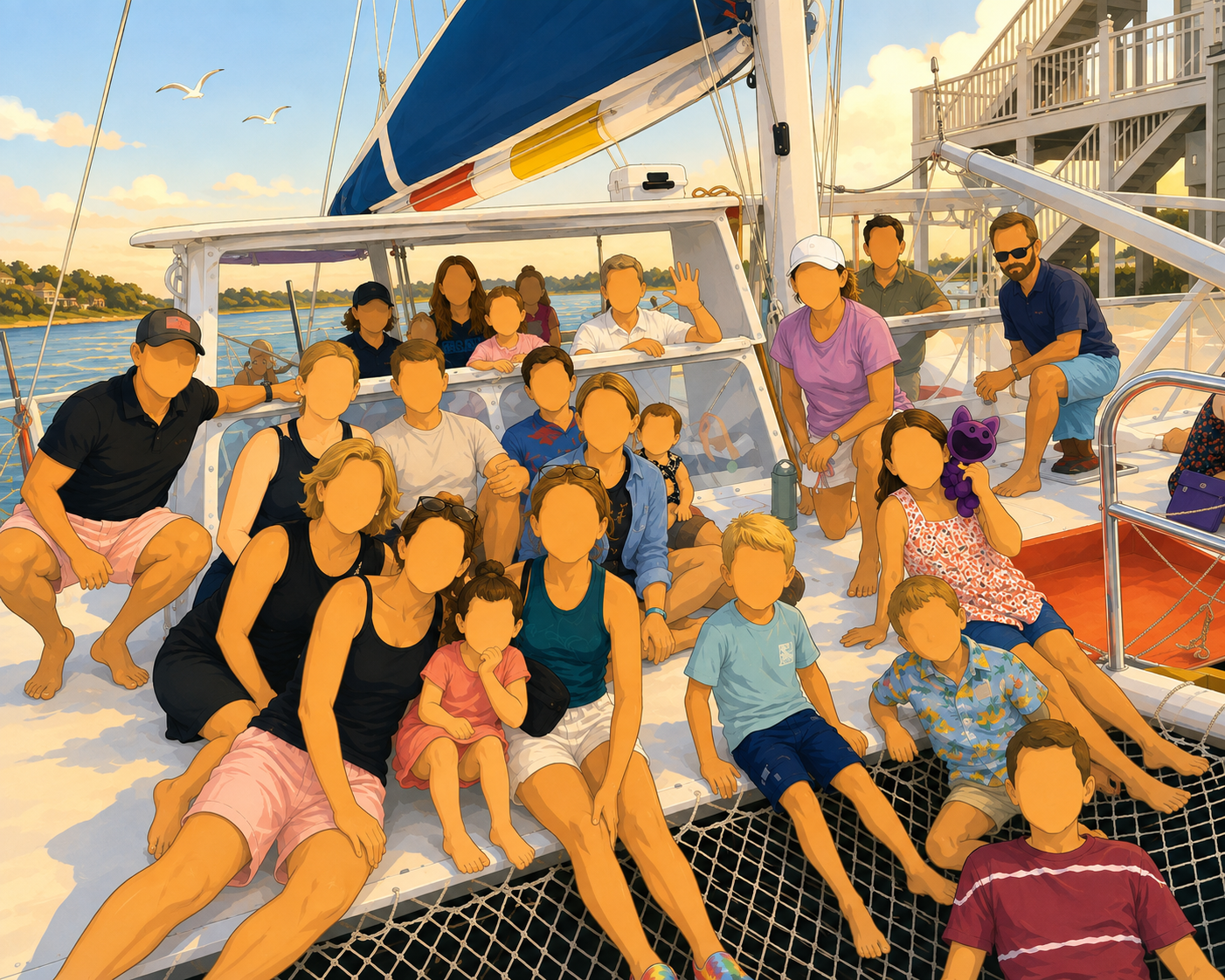 Illustration of our extended family together on a sunset sailing cruise on the Crystal Coast