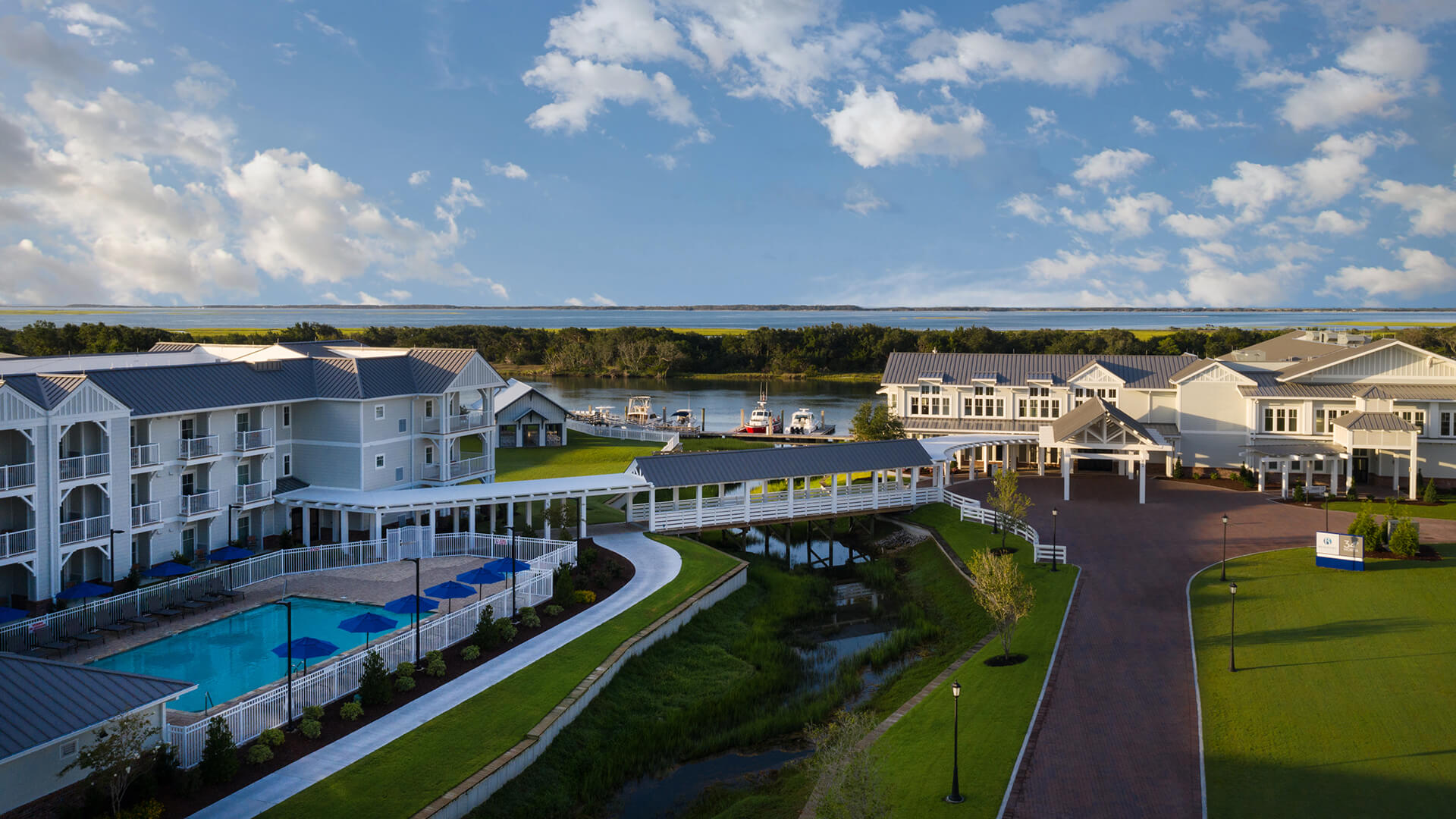 Aerial view of the 34° North restaurant and hotel complex with its pool and boardwalks on the Atlantic Beach Causeway